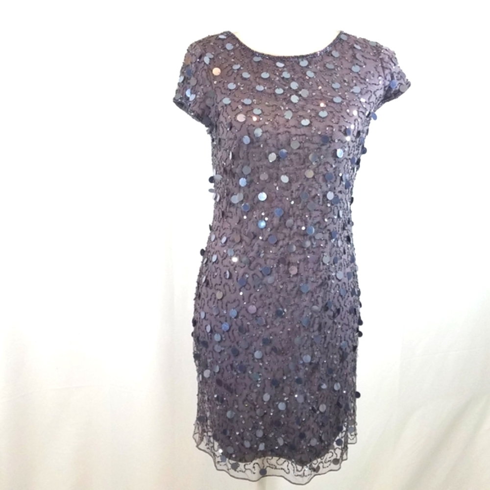 Pisarro Nights Platinum Beaded Sheath Dress 8 Nwt
